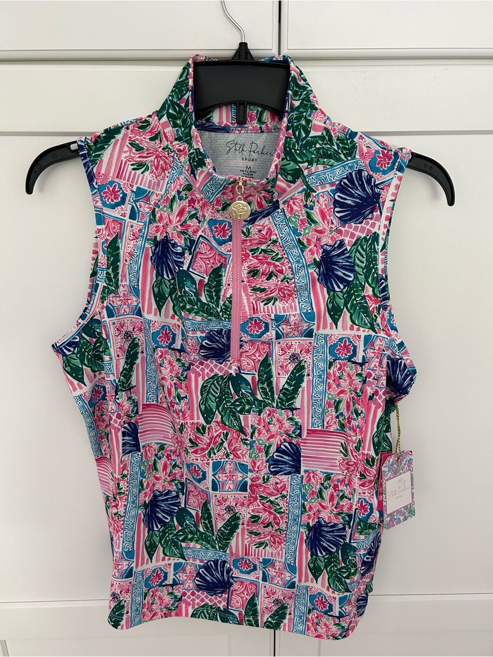 Stella Parker Sport Sleeveless Pink Tropical Print Polo